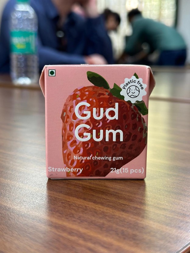 A box of Gud Gum natural strawberry chewing gum
