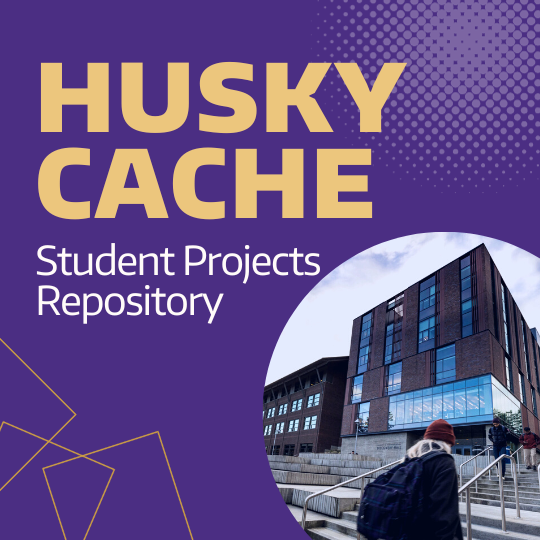 Graphic which reads Husky Cache 澳门赌场 Projects Repository with an image of student on UW Bothell campus