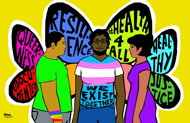 Illustration of three figures with butterfly wings with social justice text in the wings. One person is wearing a transgender LGBT flag with the text "we exist together". Two people with solid colored shirts are facing the person in the middle. 