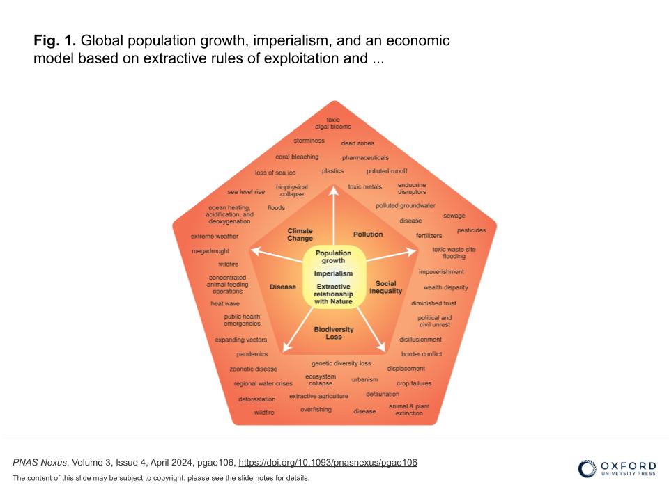 Diagram from a slide presentation. Ŷĳ diagram visualizes the global population growth, imperialism, and an economic model based on extractive rules of exploitation