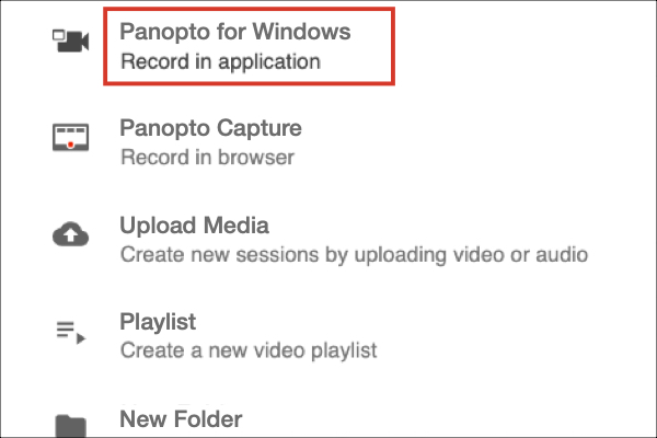 Panopto for Windows option highlighted