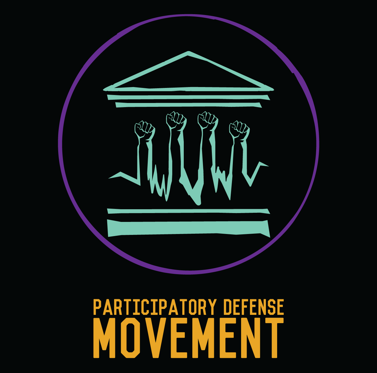 Participatory Defense Movement (black logo with fists as pillars holding up a courthouse roof)